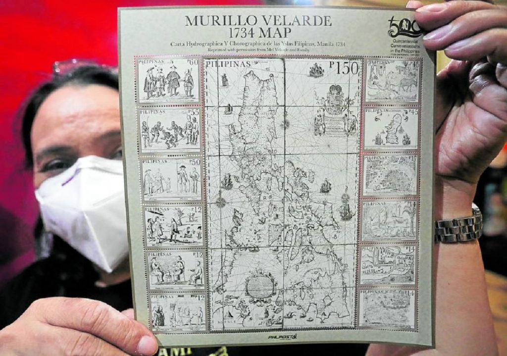 March 16 2021 PhilPost releases the 1734 Murillo Velarde stamp, a 200mm by 220mm stamp depicting the Philippine archipelago map made nearly 300 years ago. The 1734 Murillo Velarde map played a crucial role in the Philippines' case against China in the Permanent Court of Arbitration in the Netherlands, when it was entered as evidence after it shows Panatag Shoal or Scarborough shoal as part of the Philippine territory 3 centuries ago. INQUIRER/ MARIANNE BERMUDEZ